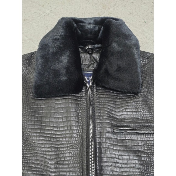 Saguaro Black Genuine Leather Crocodile Embossed Vest Faux Fur Collar‎ Small - Picture 2 of 11
